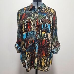 Sunny Leigh Button Multicolor Snakeskin Button Up Blouse Tunic Women's Large